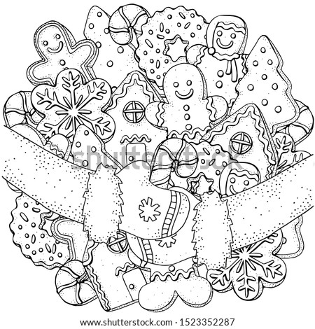 Christmas gingerbread cookies, holiday baking. Circle winter pattern with Christmas hand-drawn decorative elements in vector.  Coloring book page for adults. Black and white. Royalty-Free Stock Photo #1523352287