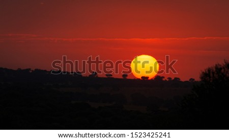 Gorgeous panorama landscape of the strong sunrise with silver lining on cloud. Savannah grassland seen as silhouette.