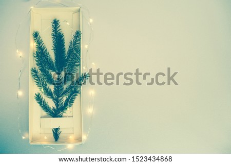 Minimalistic Christmas tree made of evergreen fir plant decorated with luminous garland on white vintage toned background. Christmas, xmas, winter, new year concept. Flat lay, top view, copy space 