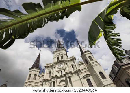 Low-angle view of Saint-Louis church in New-Orleans, Louisiana, framed by a palm-tree