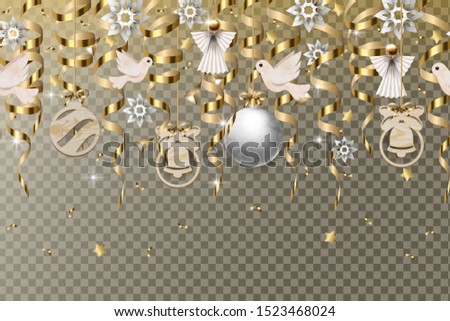 Christmas border with gold 
serpentines and balls isolated.