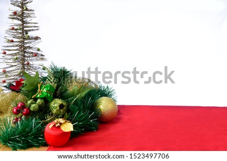 Christmas arrangement with red balls and hanging red decorations isolated on whith background..