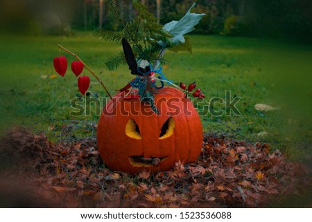 decorated halloween pumpkin with autumn leaves