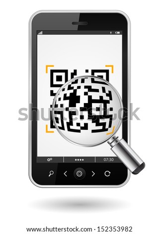smartphone with QR code and mgnifying glass icon