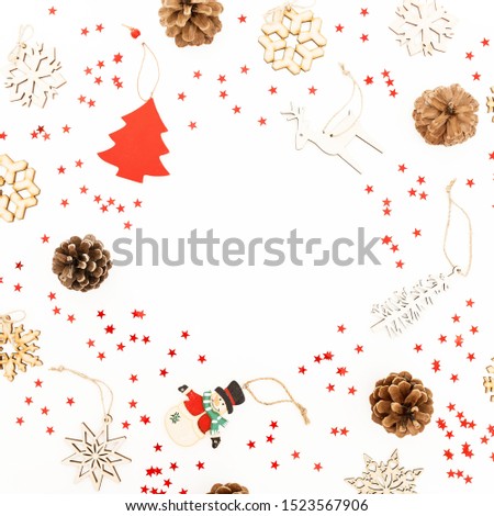 Christmas composition. Christmas decorations on white background. Flat lay, top view. Copy space