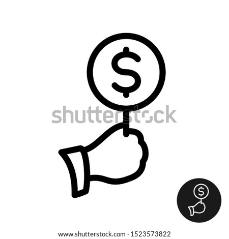 Bid icon. Hand holding auction paddle with bid. Outline style bidding symbol. Adjustable line width. Royalty-Free Stock Photo #1523573822