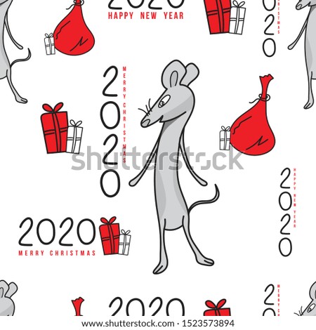 Seamless pattern vector illustration, Hand drawn rat cartoon with 2020 Happy New Year, doodle cartoon character, Rat 2020 Chinese zodiac sign, red Seamless background, calendar cover
