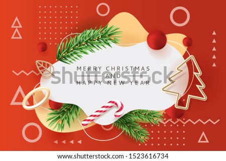 Merry Christmas, Happy New Year poster, banner white frame. Vector 3d realistic illustration of green fir branches, striped candy, gold metal Christmas tree, geometric shapes. Holiday design template