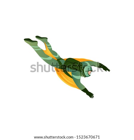 Wingsuit man flying through the air vector illustration in a flat cartoon style. Royalty-Free Stock Photo #1523670671