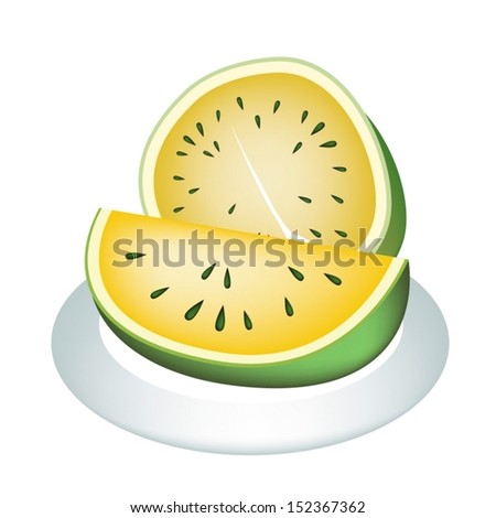 Fresh Fruits, An Illustration of Fresh Yellow Watermelon, Slice of Watermelon and Watermelon Cross Section on A Beautiful white Dish 
