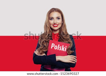 Happy girl on the Poland flag background. Travel and learn polish language concept. Book with inscription polish on polish language Royalty-Free Stock Photo #1523690327
