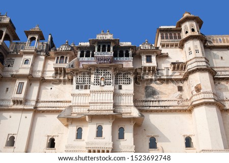 Exterior of famous ancient City Palace in Udaipur, Rajasthan state, India. It was built over a period of nearly 400 years, with contributions from several rulers of the Mewar dynasty.