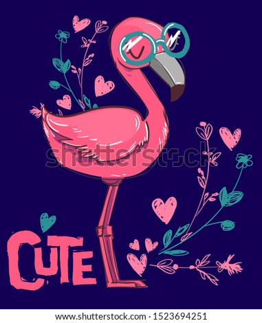 Hand drawn cute pink flamingo. Vector illustration. Childish design print.
