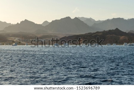 Sinai mountains sea panoramic landscape Bay Akaba background Red sea near Sharm El Sheikh in Egypt