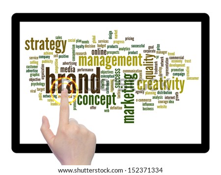 Concept or conceptual abstract word cloud with a hand touch on touch screen on white background,metaphor for business,trend,media,focus,market,value,product,advertising, customer corporate wordcloud