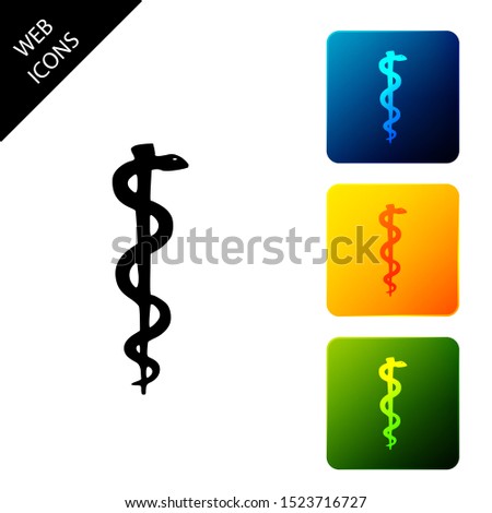 Rod of asclepius snake coiled up silhouette icon. Medicine and health care concept. Emblem for drugstore or medicine, pharmacy snake symbol. Set icons colorful square buttons
