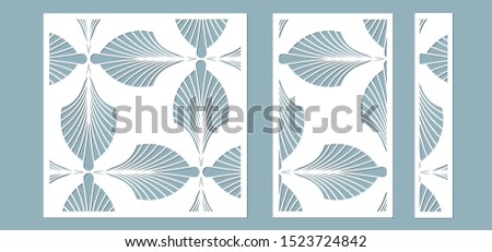 Set, panel for registration of the decorative surfaces. Abstract feathers, leaves, lines panels. Vector illustration of a laser cutting. Plotter cutting and screen printing.