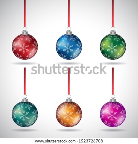 Illustration of Christmas Balls with Abstract Designs and Red Ribbon isolated on a White Background