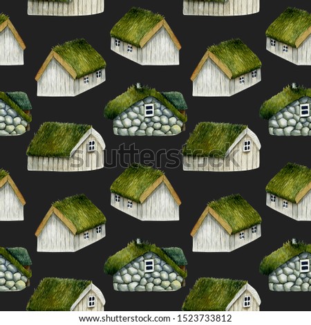 Seamless pattern of watercolor norwegian houses with grass roof, nordic houses, hand drawn on a dark background