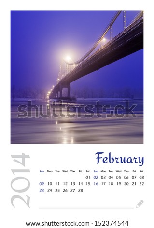 Photo calendar with minimalist landscape 2014. February
