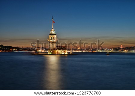 The Maiden's Tower shot at blue hour, since the medieval Byzantine period, is a tower lying on a small islet located at the southern entrance of the Bosphorus in Istanbul, Turkey