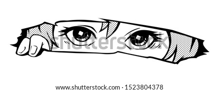 Manga eyes looking from a paper tear. Drawing of black and white anime girl peeps out Royalty-Free Stock Photo #1523804378