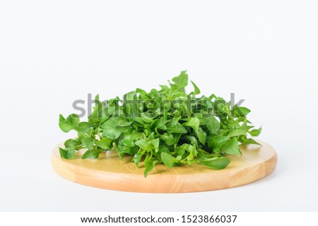 Fresh watercress on wooden plate and isolated white background