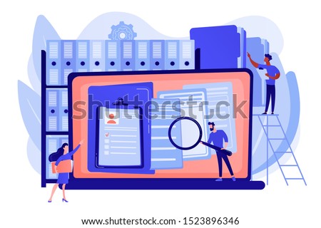 Organized archive. Searching files in database. Records management, records and information management, documents tracking system concept. Pink coral blue vector isolated illustration Royalty-Free Stock Photo #1523896346