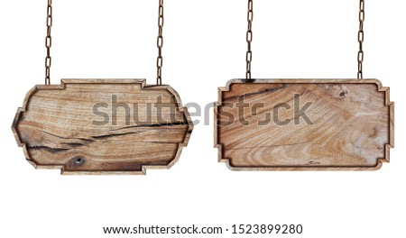 Wooden signs board with chain on white background