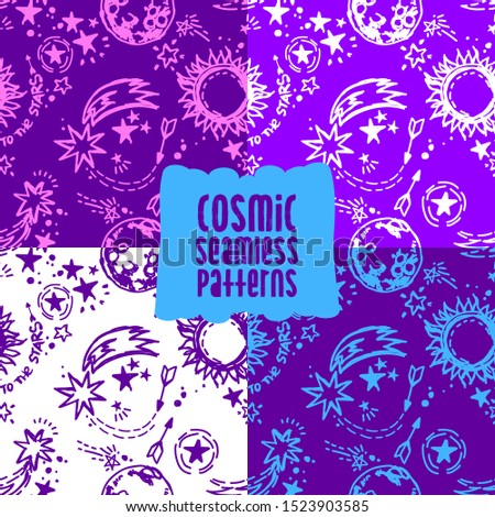 Set of seamless patterns with sketch style suns, comets, stars and planets, ultra violet colors, vector illustration