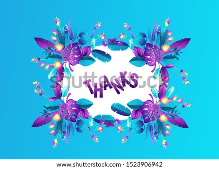 Purple background, neon tropical leaves and plants, frame for messages and congratulations, space for text.
