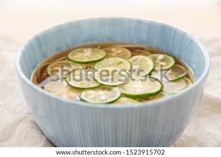 Japanese food,Soba with the slice of Citrus sudachi