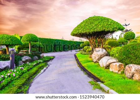 Colorful round cutting shape trees and flowers with rock decoration in the park on sunset background twilight picture style