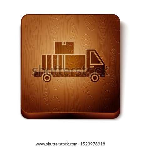 Brown Delivery truck with cardboard boxes behind icon isolated on white background. Wooden square button. Vector Illustration