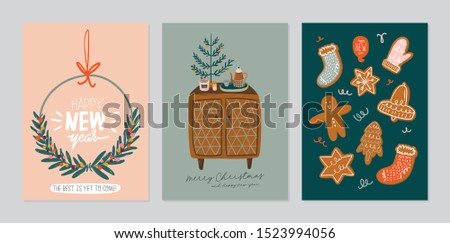 Set of invitation card. Scandinavian interior with home decoration - wreath, gingerbread, tree. Cozy Winter holiday season. Cute illustration and Christmas typography in Hygge style. Vector. Isolated.