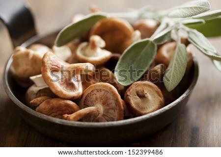 shitake mushrooms ready to be cooked with sage Royalty-Free Stock Photo #152399486