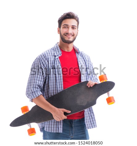 Young skateboarder with a longboard skateboard isolated on white