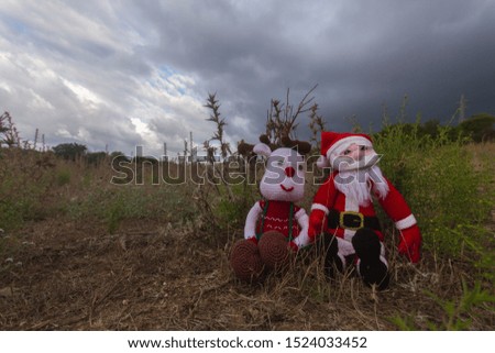 crochet santa claus puppet and reindeer in a meadow with clouds in the sky