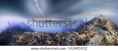 Alpine peak in a mystical fog illuminated nocturnal luminary Ukraine, Carpathians, Pop Ivan Maramorosh 1937 meters above the sea. Transcarpathia, Ukraine's highest mountain on the border, near-Romania