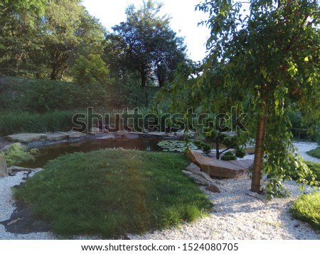 Beautiful view of quiet Japanese Chinese garden with the green grass, small pond, water lilies, white stone trails, bonsai trees and bright sky. The day morning light is soft, gentle, calm and harmony