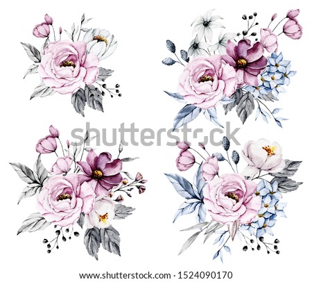 Watercolor flowers and leaves set. Bouquets blue and pink colors. Floral illustrations isolated on white. Hand drawing. Clip art perfectly for wedding, birthday, party and other greetings design. 