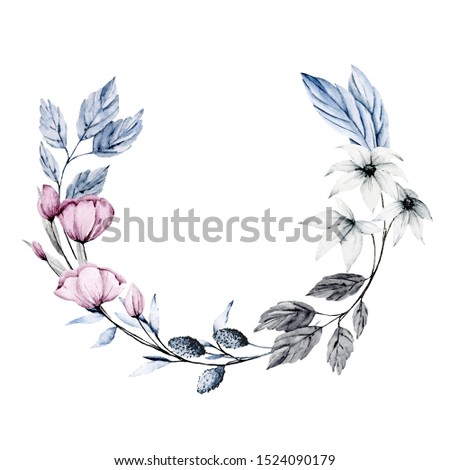 Wreath with watercolor flowers and leaves. Blue and pink colors. Frame isolated on white background. Hand drawing. Clip art perfectly for wedding, birthday, party and other greetings design. 