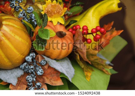 Multicolored cute bouquet of small pumpkins and dried flowers - background for Thanksgiving and Halloween. Autumn concept.