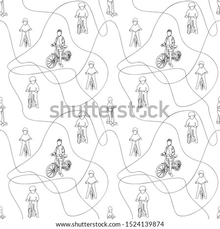Pattern of children on different types of transport bike scooter and runbike made in line art. Vector graphics.