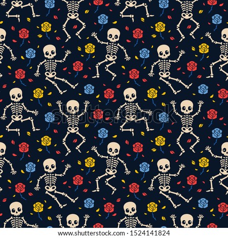 Skeletons and roses seamless pattern.