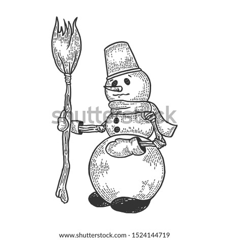 Snowman sketch engraving vector illustration. Tee shirt apparel print design. Scratch board style imitation. Black and white hand drawn image.