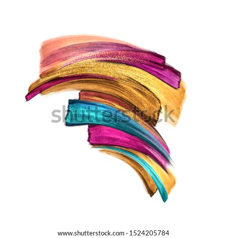 pink blue golden paint smears, colorful brush strokes, watercolor clip art isolated on white background, makeup palette, fashion illustration, creative dynamic shape, grungy splashing design element