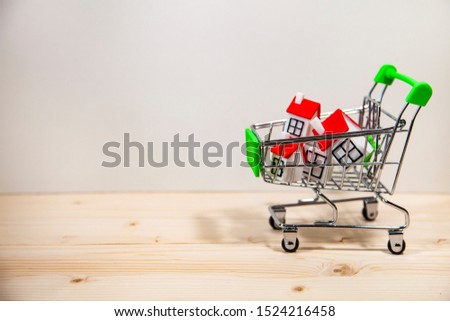 Shopping cart and houses. Concept: buying, selling and renting real estate.