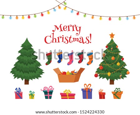 Christmas greetings decorative vector set with xmas objects - fir tree, gift boxes, balls, garlands, socks, isolated on white background illustration. Flat cartoon style collection for holiday design.