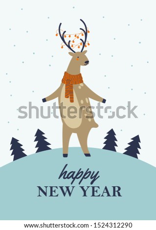 Christmas reindeer character. Winter season greeting card. Cute deer drawing. Colorful cartoon background. Vector illustration. 